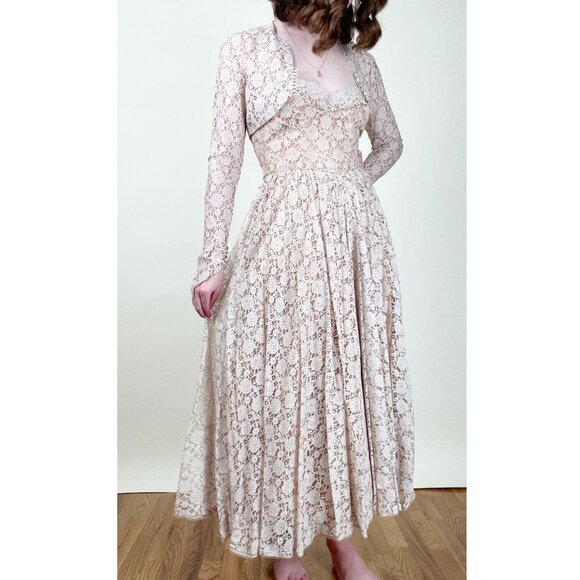 Vintage 50s Lace Midi Maxi Dress Set Formal Wedding Whimsigoth Regency Victorian - Picture 4 of 11